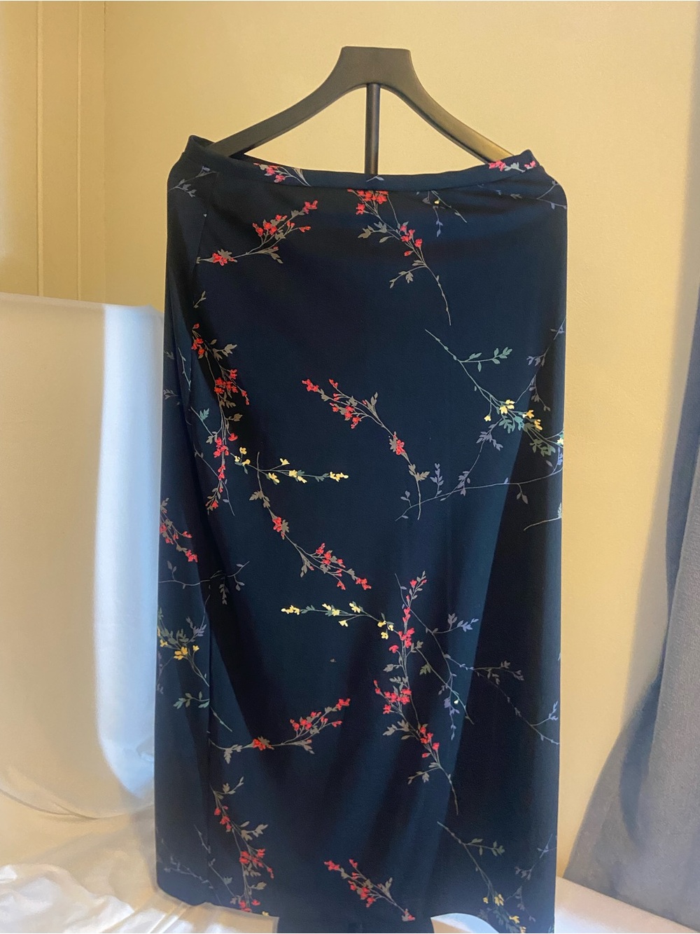 Navy Floral Maxi Skirt with Red & Yellow Accents